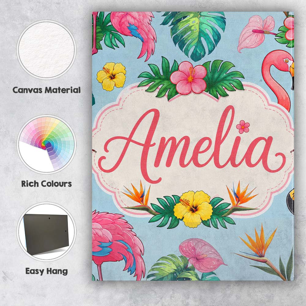 Personalised Name Tropical Flamingo Bird Custom Unique Gift Idea Elegant Feature Canvas Wall Art Print Decor Picture Ready to Hang