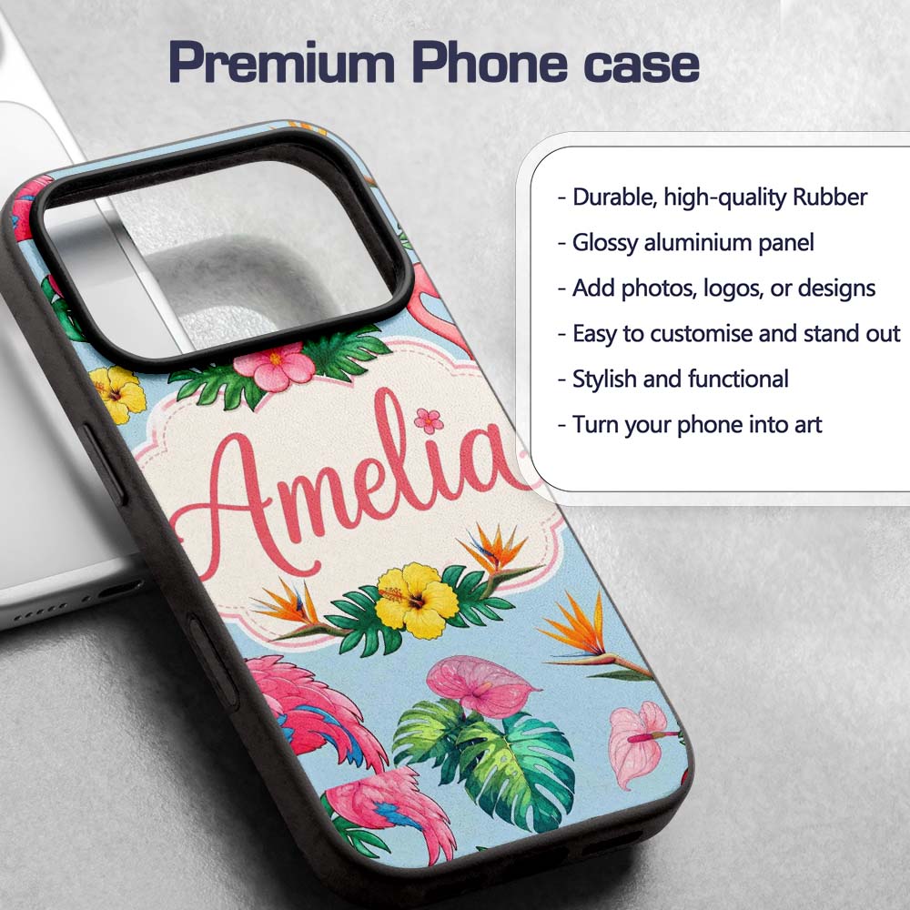 Tropical Flamingo Bird with Exotic Flowers Leaf Custom Name Protective Phone Case Mobile Cover Durable Everyday Smartphone Shock Resistant