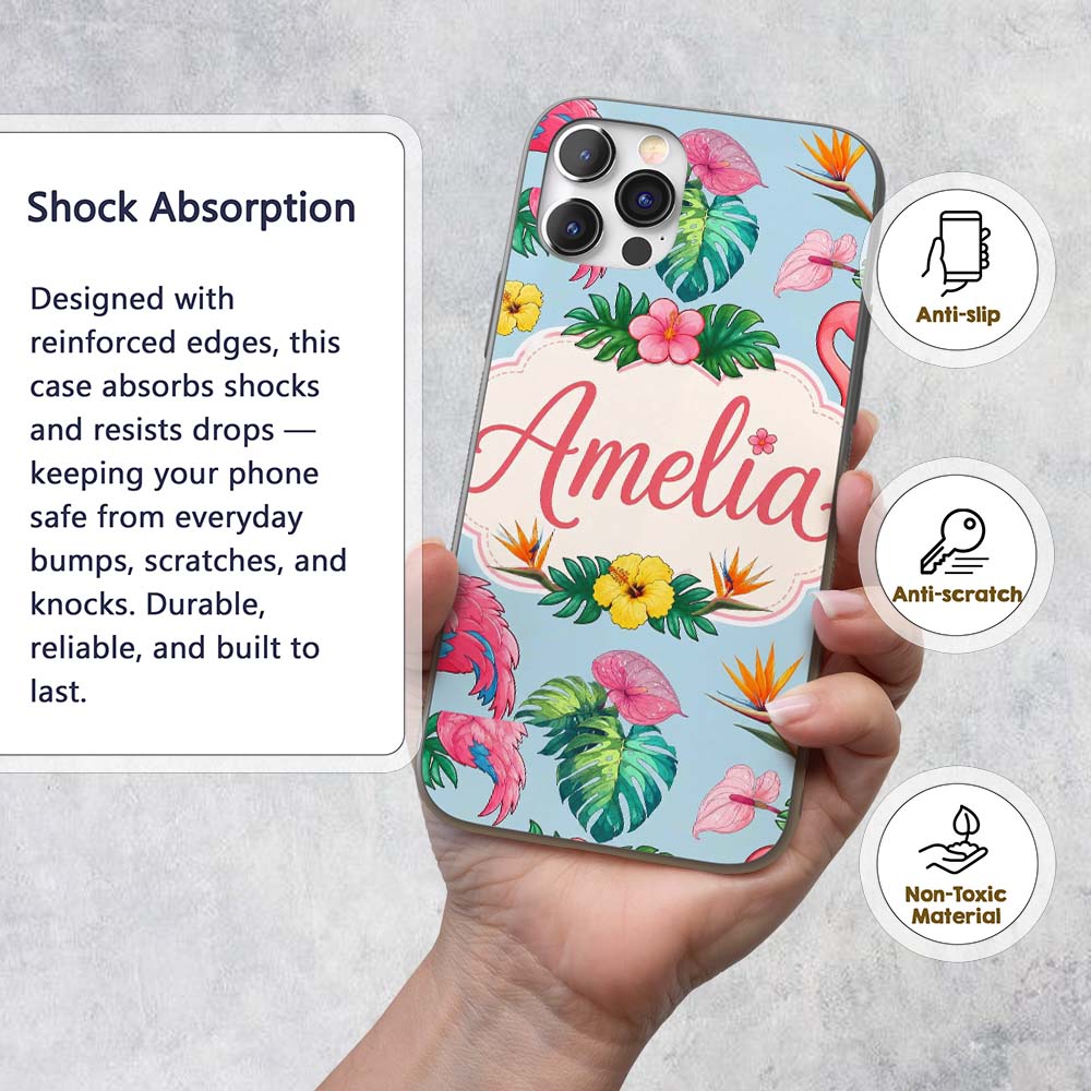 Tropical Flamingo Bird with Exotic Flowers Leaf Custom Name Protective Phone Case Mobile Cover Durable Everyday Smartphone Shock Resistant