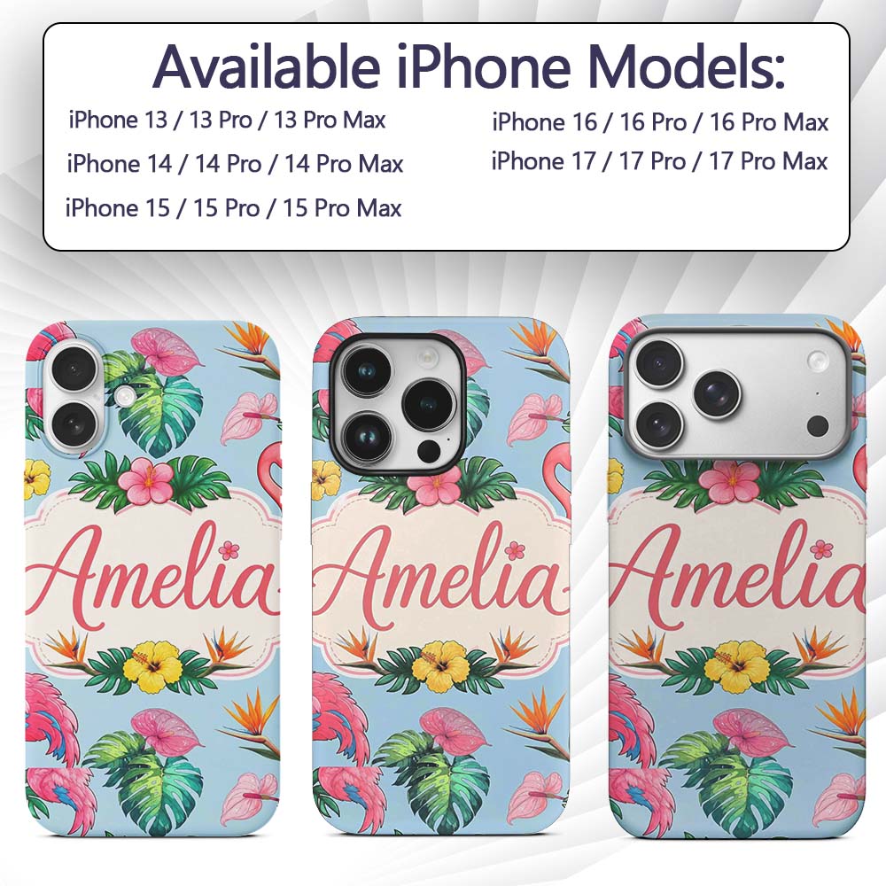 Tropical Flamingo Bird with Exotic Flowers Leaf Custom Name Protective Phone Case Mobile Cover Durable Everyday Smartphone Shock Resistant