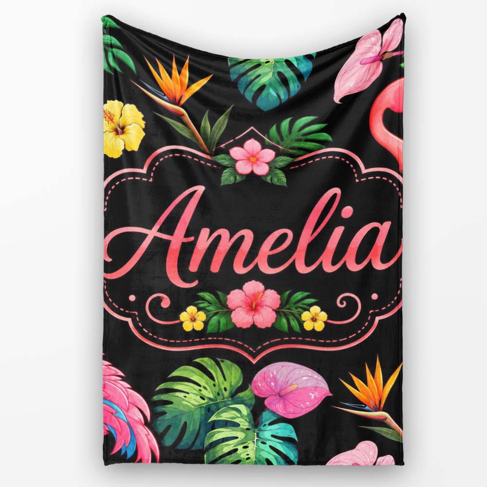 Tropical Flamingo Bird with Exotic Flowers Leaves Pattern Black Personalised Custom Name Super Soft Fleece Blanket Bed Sofa Throw