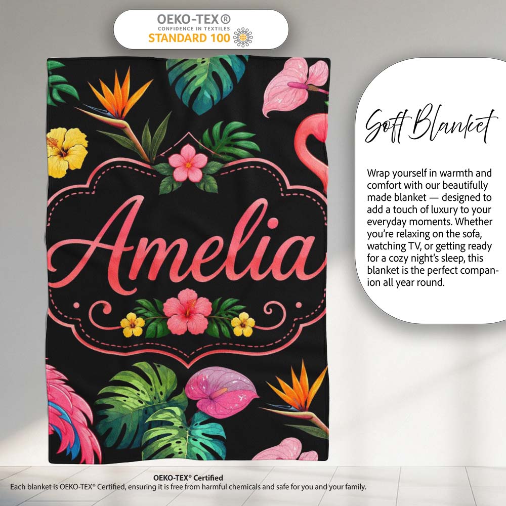 Tropical Flamingo Bird with Exotic Flowers Leaves Pattern Black Personalised Custom Name Super Soft Fleece Blanket Bed Sofa Throw