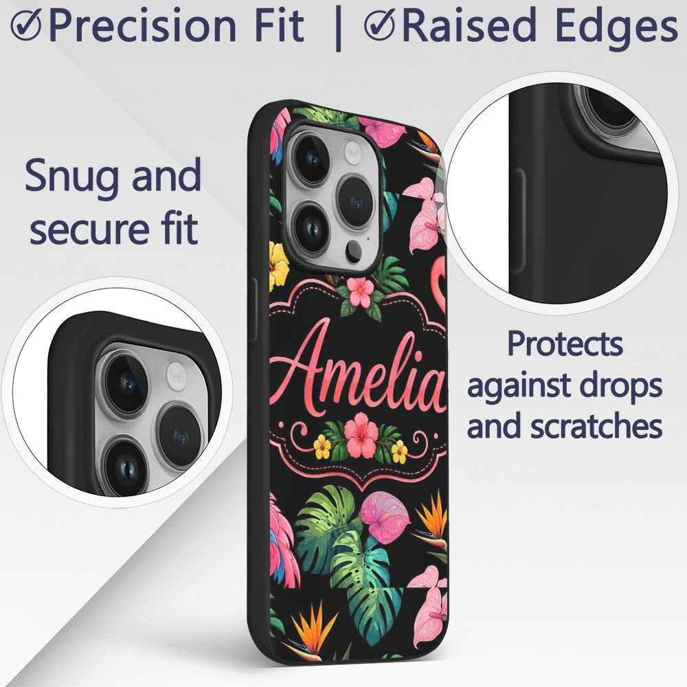 Tropical Flamingo Bird with Exotic Flowers Leaves Custom Name Protective Phone Case Mobile Cover Durable Everyday Smartphone Shock Resistant