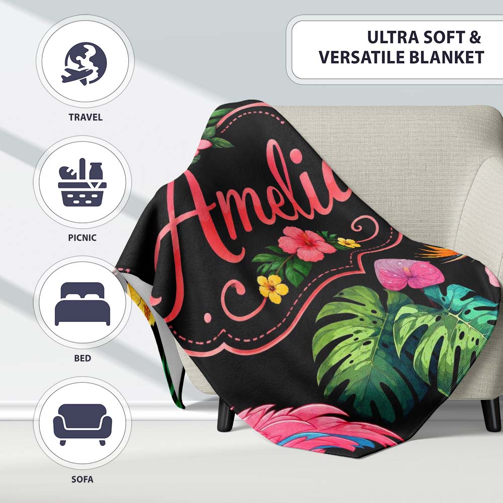 Tropical Flamingo Bird with Exotic Flowers Leaves Pattern Black Personalised Custom Name Super Soft Fleece Blanket Bed Sofa Throw