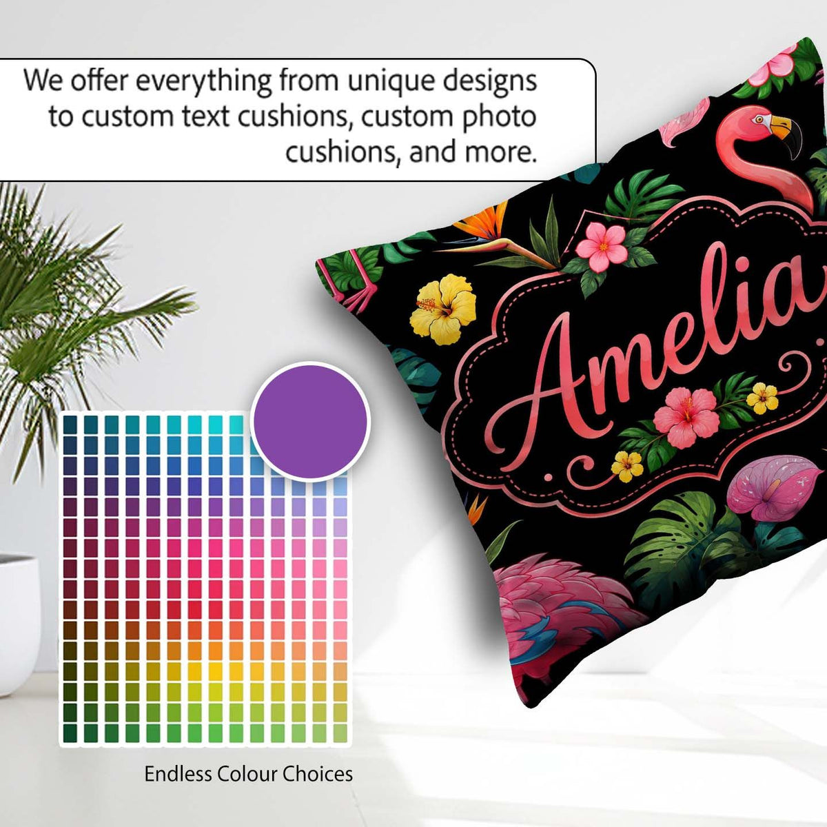 Custom Name Tropical Flamingo Bird Exotic Flowers Leaves Pattern Square Filled Cushion Throw Pillow Sofa Bed Home Decor Zip Washable UK Made