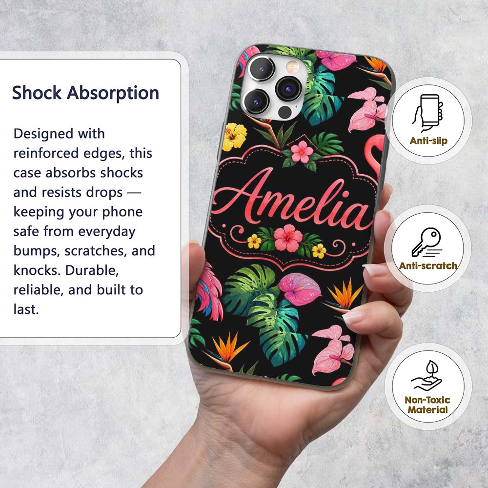 Tropical Flamingo Bird with Exotic Flowers Leaves Custom Name Protective Phone Case Mobile Cover Durable Everyday Smartphone Shock Resistant
