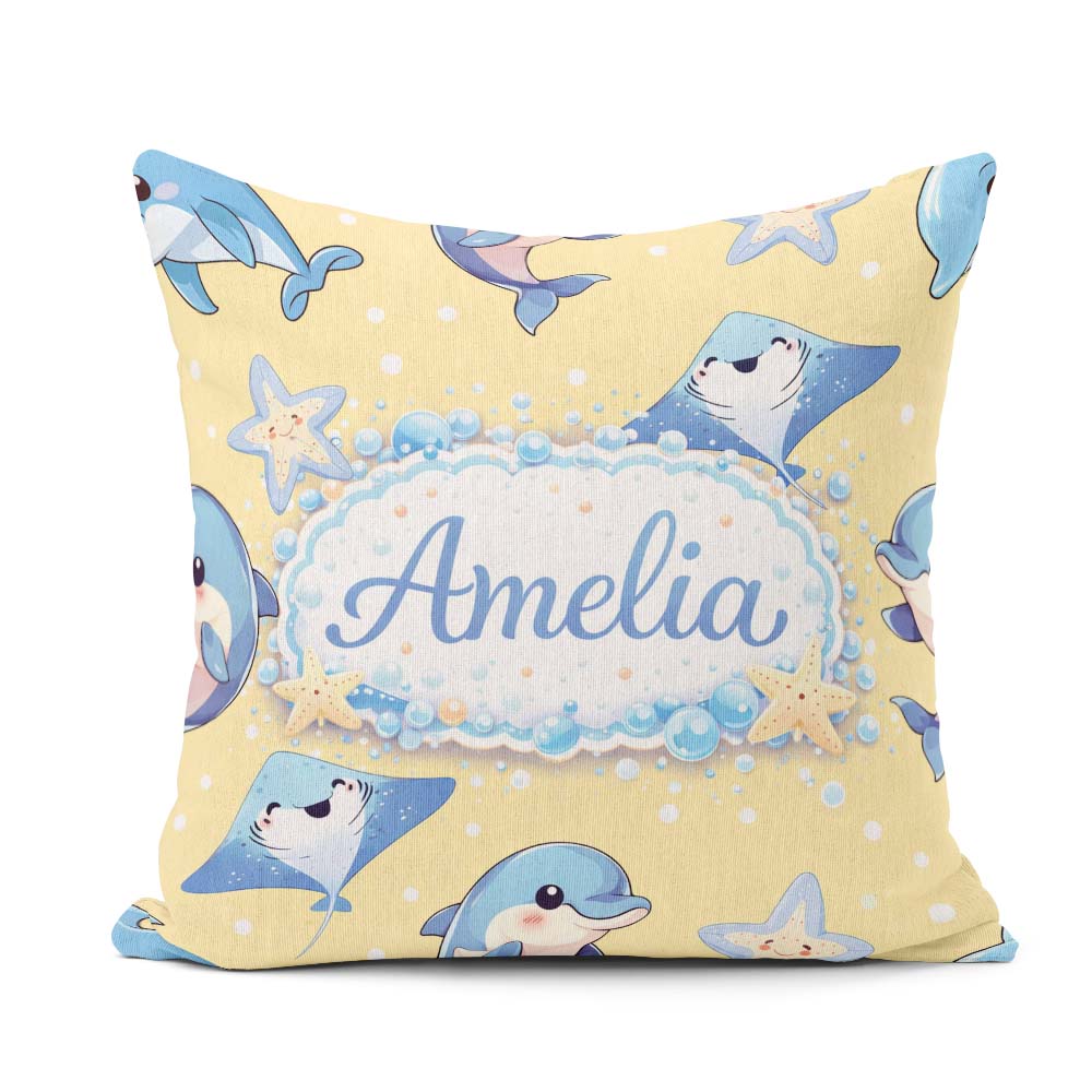 Custom Name Dolphin Stingray Starfish Ocean Sea Life Warm Beige Square Filled Cushion Throw Pillow Sofa Bed Home Decor Zip Washable UK Made
