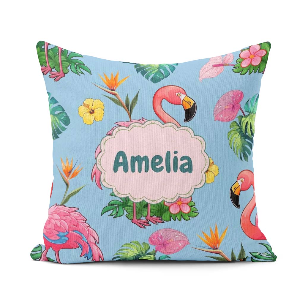 Custom Name Tropical Flamingo Bird Exotic Flowers Leaves Pattern Square Filled Cushion Throw Pillow Sofa Bed Home Decor Zip Washable UK Made