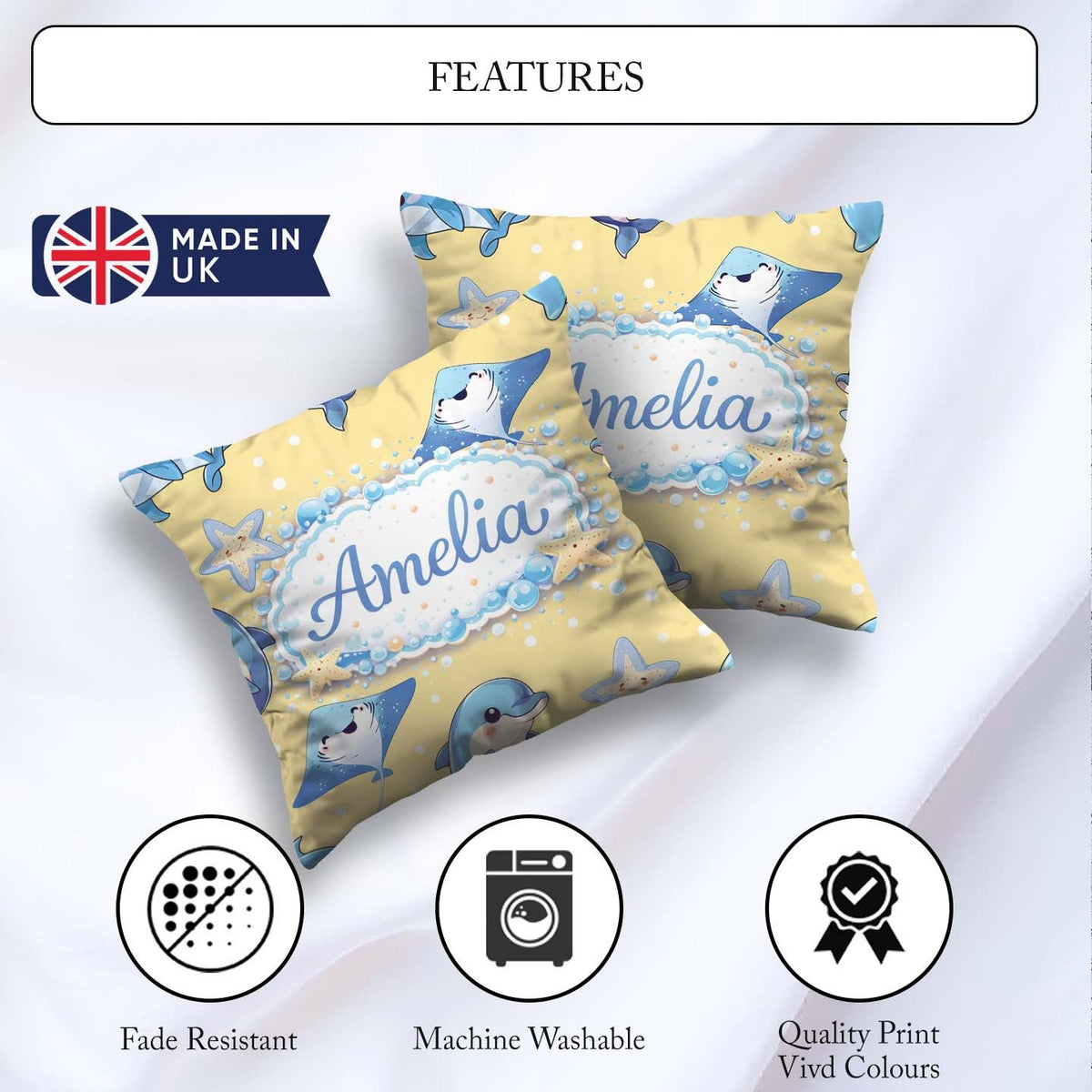 Custom Name Dolphin Stingray Starfish Ocean Sea Life Warm Beige Square Filled Cushion Throw Pillow Sofa Bed Home Decor Zip Washable UK Made