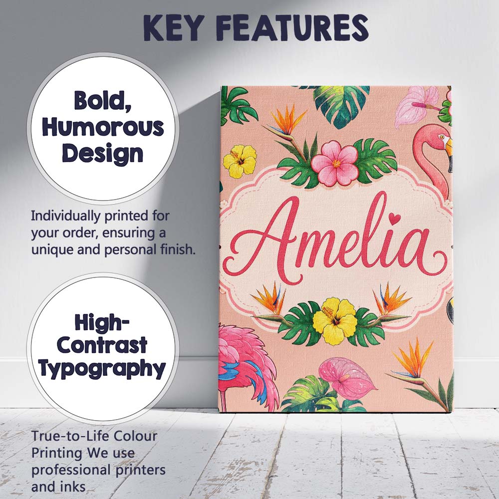 Personalised Name Tropical Flamingo Bird Custom Unique Gift Idea Elegant Feature Canvas Wall Art Print Decor Picture Ready to Hang