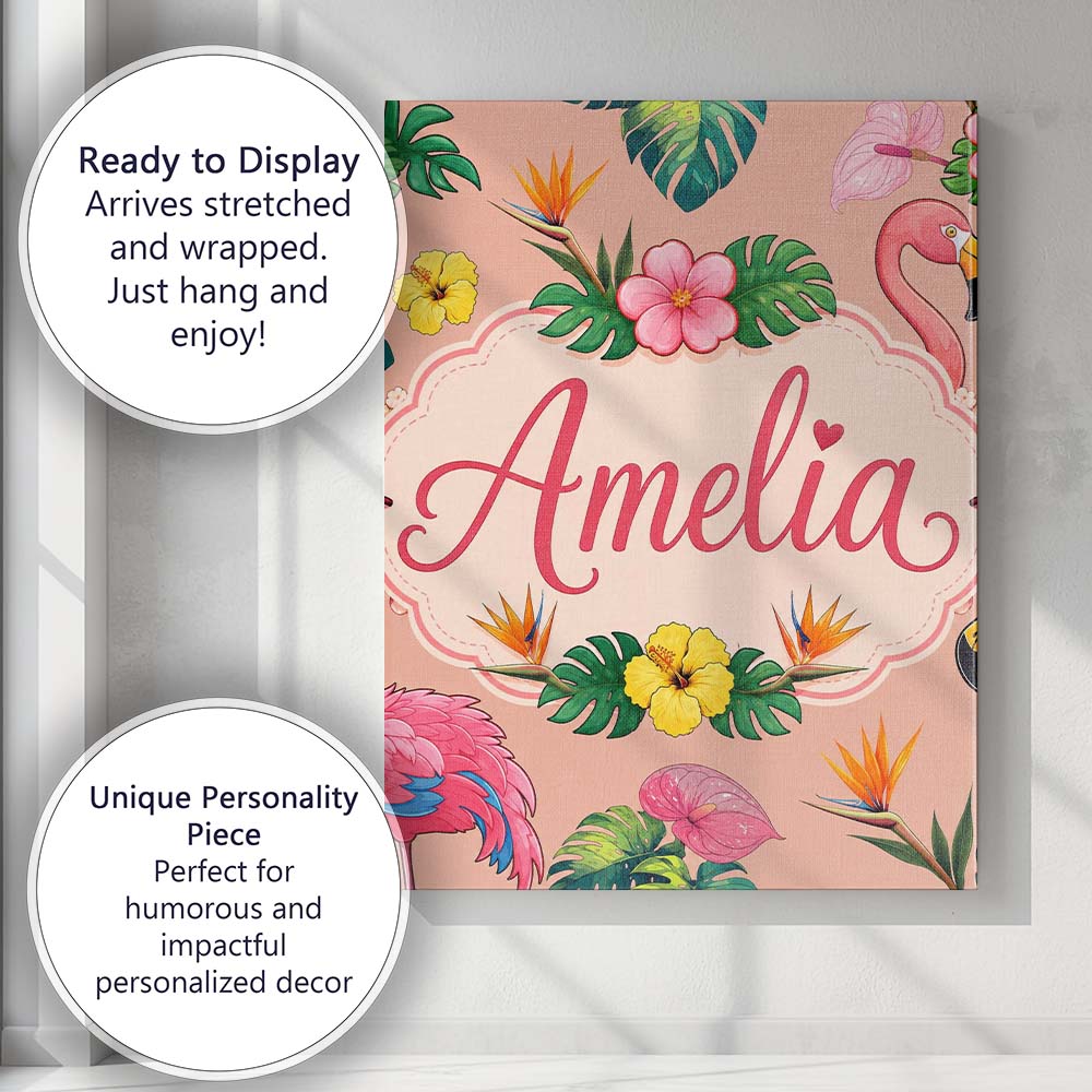 Personalised Name Tropical Flamingo Bird Custom Unique Gift Idea Elegant Feature Canvas Wall Art Print Decor Picture Ready to Hang
