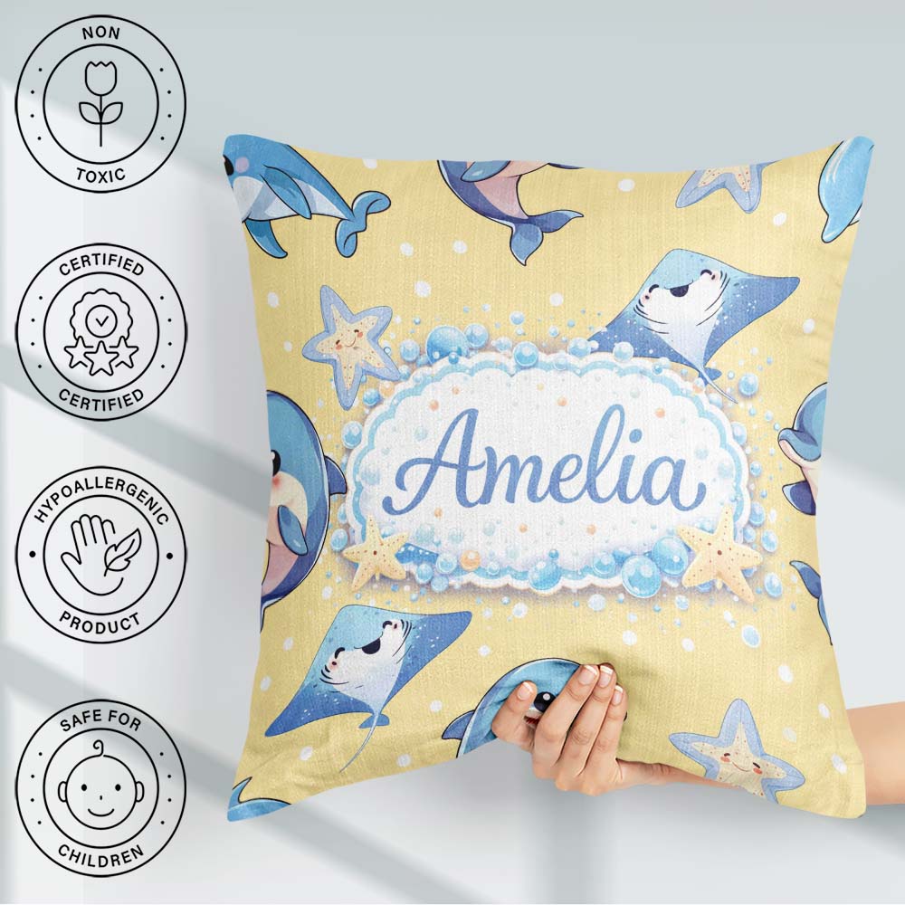 Custom Name Dolphin Stingray Starfish Ocean Sea Life Warm Beige Square Filled Cushion Throw Pillow Sofa Bed Home Decor Zip Washable UK Made