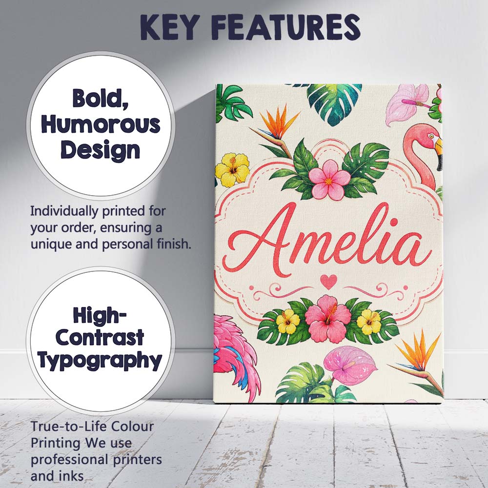 Personalised Name Tropical Flamingo Bird Custom Unique Gift Idea Elegant Feature Canvas Wall Art Print Decor Picture Ready to Hang
