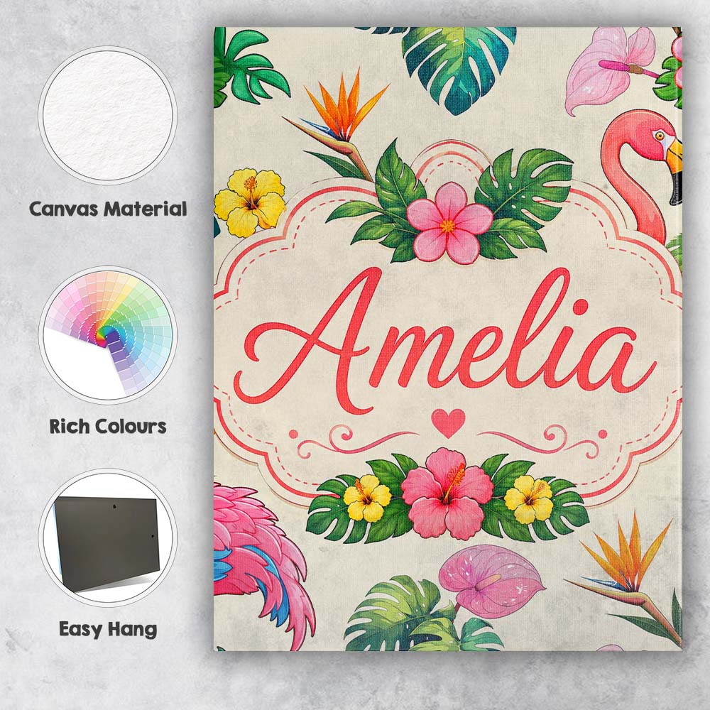 Personalised Name Tropical Flamingo Bird Custom Unique Gift Idea Elegant Feature Canvas Wall Art Print Decor Picture Ready to Hang