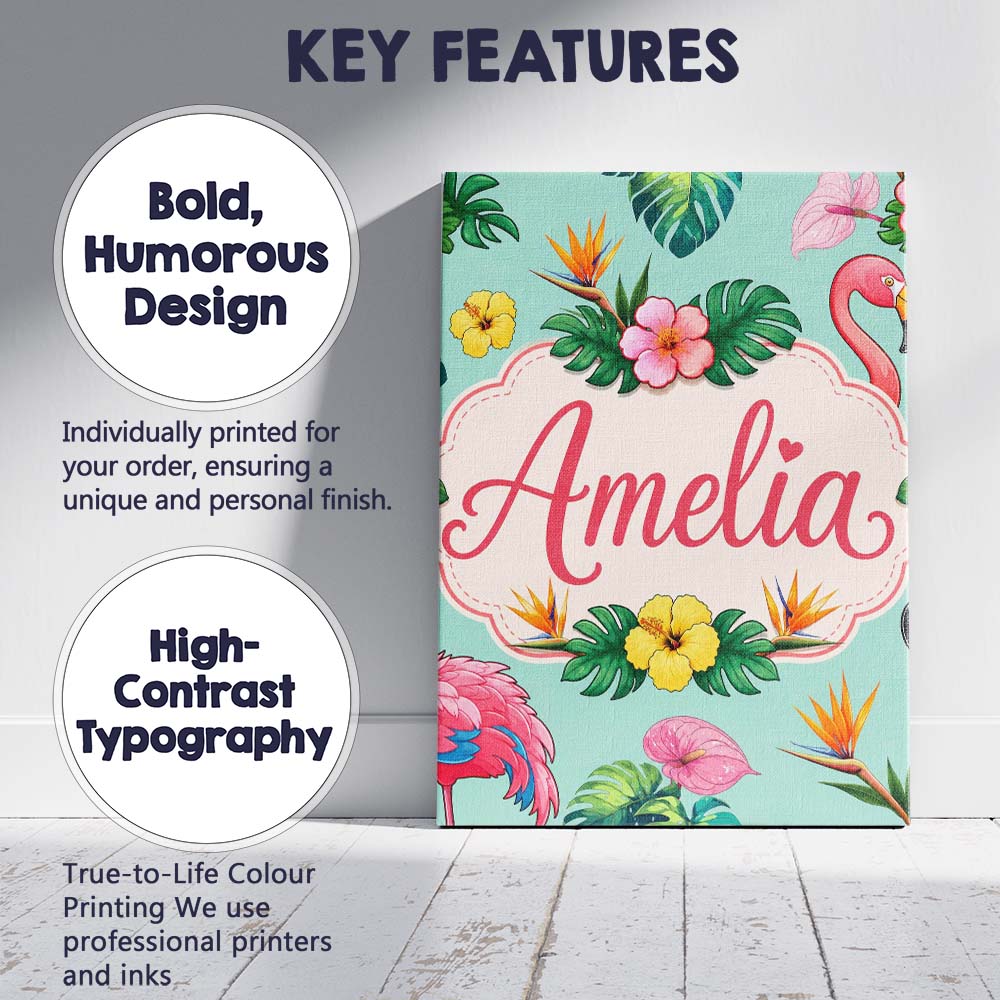 Personalised Name Tropical Flamingo Bird Custom Unique Gift Idea Elegant Feature Canvas Wall Art Print Decor Picture Ready to Hang