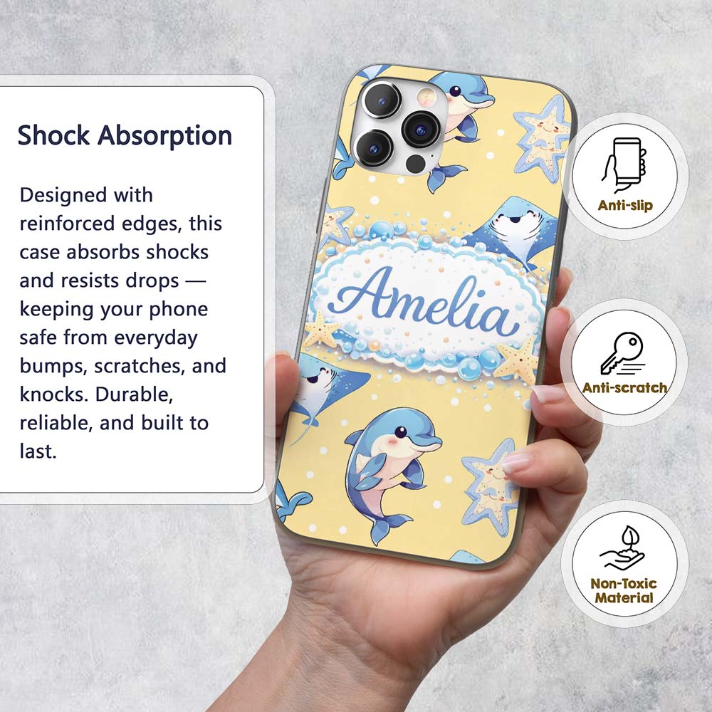 Cute Dolphin Stingray Starfish Ocean Sea Life Custom Name Protective Phone Case Mobile Cover Durable Everyday Smartphone Shock Resistant