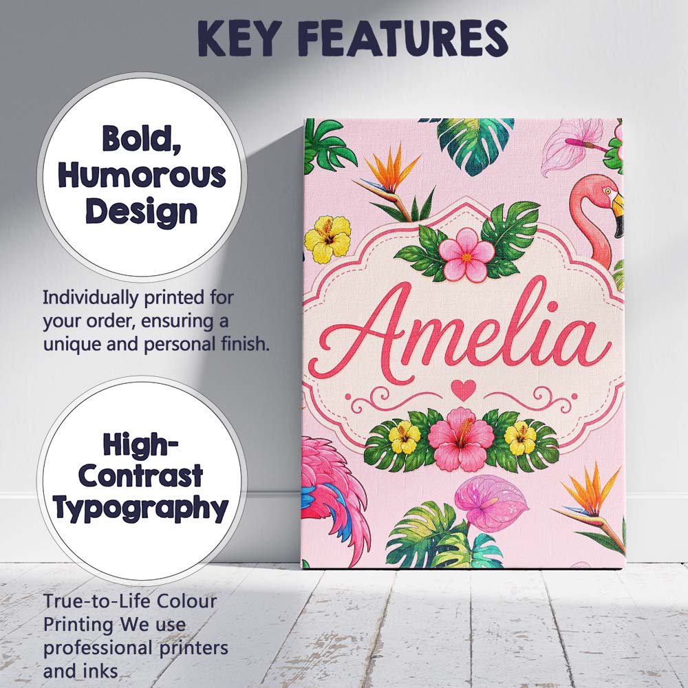 Personalised Name Tropical Flamingo Bird Custom Unique Gift Idea Elegant Feature Canvas Wall Art Print Decor Picture Ready to Hang
