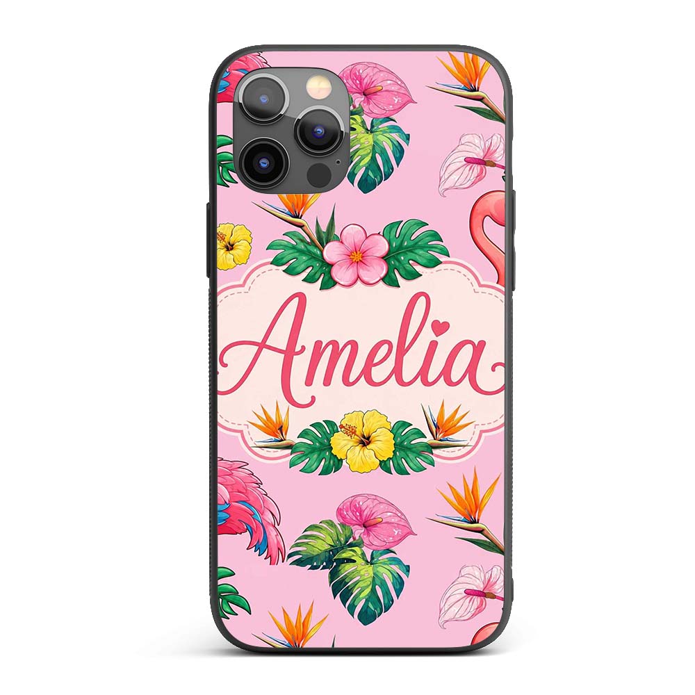 Tropical Flamingo Bird with Exotic Flowers Leaves Custom Name Protective Phone Case Mobile Cover Durable Everyday Smartphone Shock Resistant