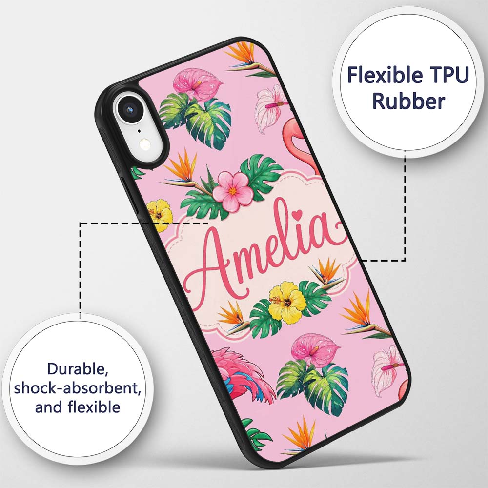 Tropical Flamingo Bird with Exotic Flowers Leaves Custom Name Protective Phone Case Mobile Cover Durable Everyday Smartphone Shock Resistant