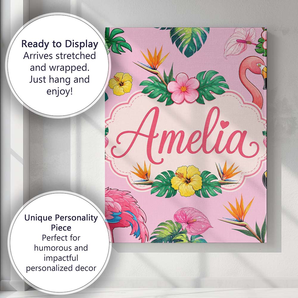Personalised Name Tropical Flamingo Bird Custom Unique Gift Idea Elegant Feature Canvas Wall Art Print Decor Picture Ready to Hang