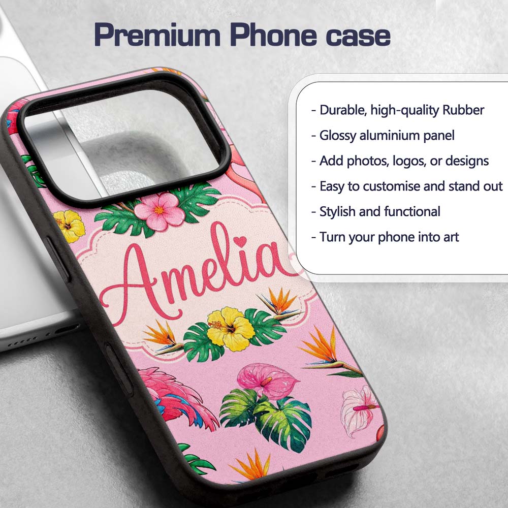 Tropical Flamingo Bird with Exotic Flowers Leaves Custom Name Protective Phone Case Mobile Cover Durable Everyday Smartphone Shock Resistant