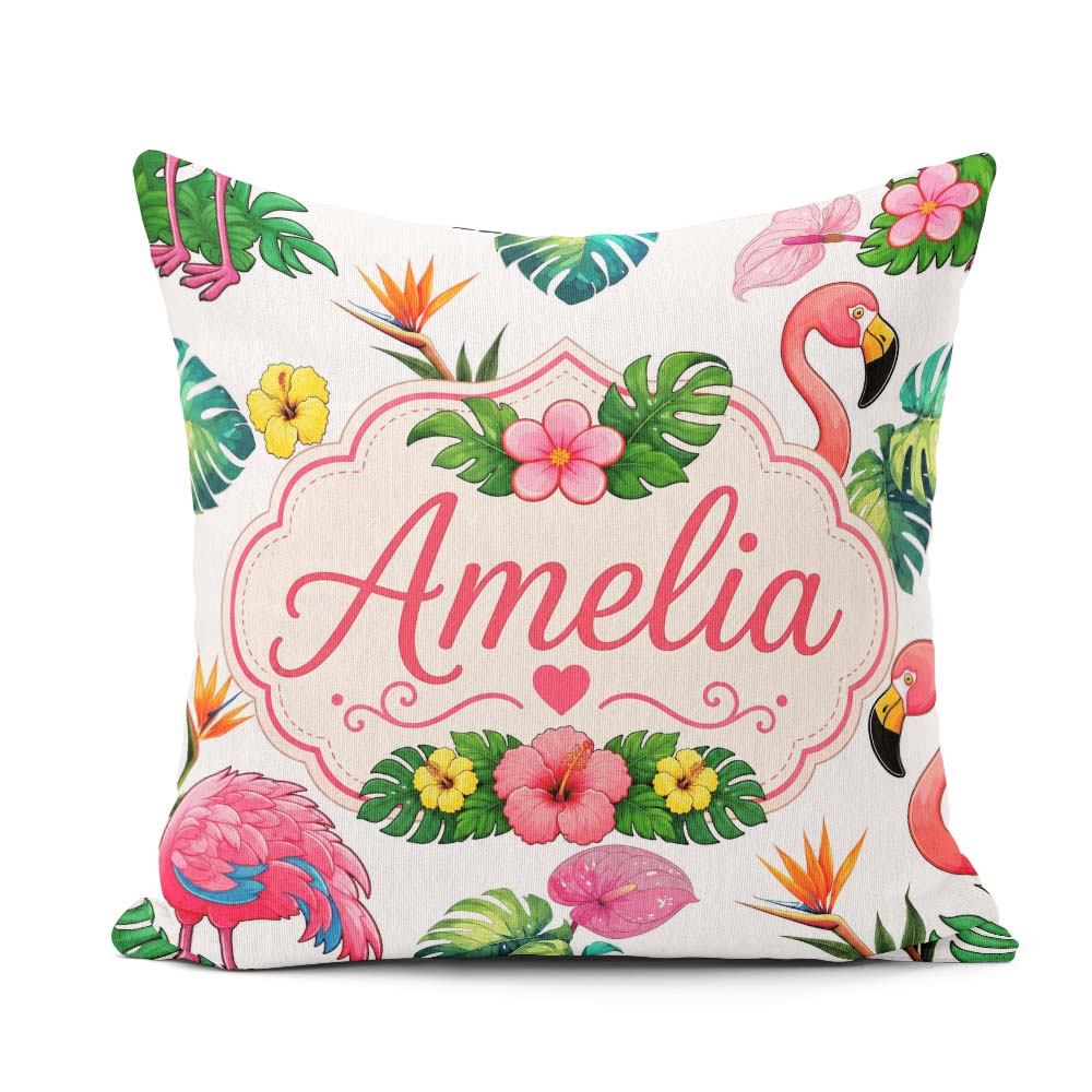 Custom Name Tropical Flamingo Bird with Exotic Leaves Light Grey Square Filled Cushion Throw Pillow Sofa Bed Home Decor Zip Washable UK Made
