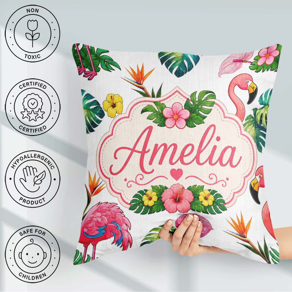 Custom Name Tropical Flamingo Bird with Exotic Leaves Light Grey Square Filled Cushion Throw Pillow Sofa Bed Home Decor Zip Washable UK Made