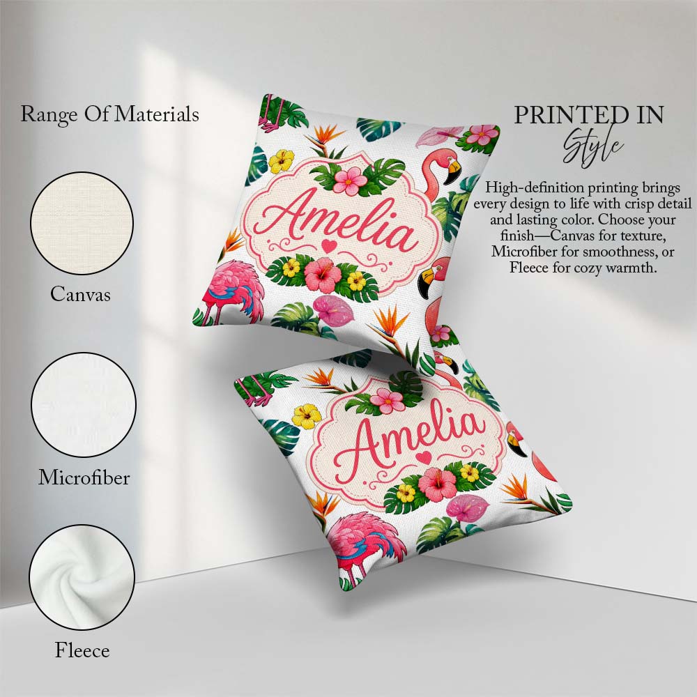 Custom Name Tropical Flamingo Bird with Exotic Leaves Light Grey Square Filled Cushion Throw Pillow Sofa Bed Home Decor Zip Washable UK Made