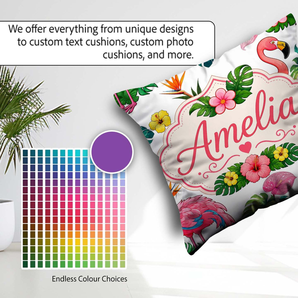 Custom Name Tropical Flamingo Bird with Exotic Leaves Light Grey Square Filled Cushion Throw Pillow Sofa Bed Home Decor Zip Washable UK Made