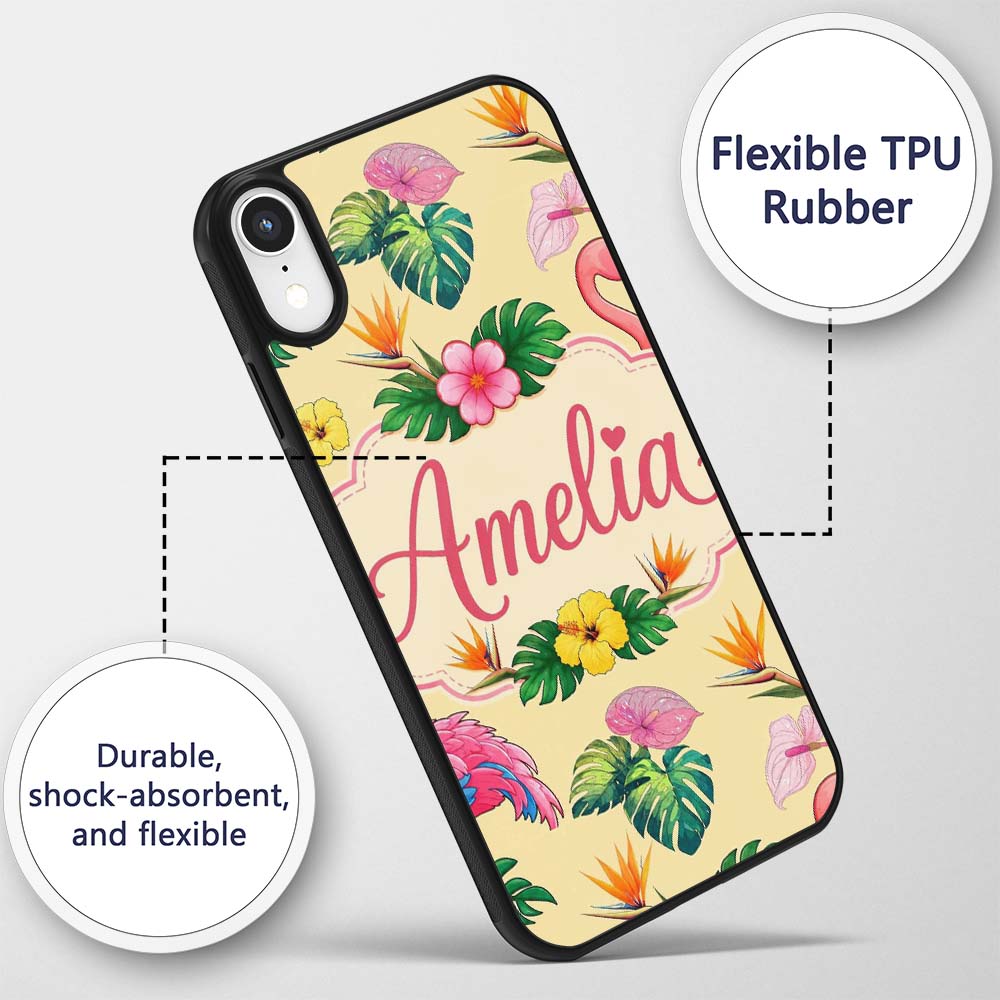 Tropical Flamingo Bird with Exotic Flowers Leaves Custom Name Protective Phone Case Mobile Cover Durable Everyday Smartphone Shock Resistant