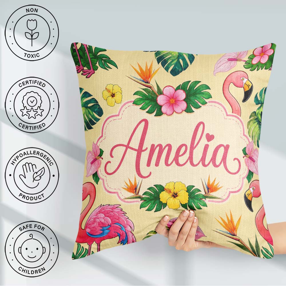 Custom Name Tropical Flamingo Bird Exotic Flowers Leaves Pattern Square Filled Cushion Throw Pillow Sofa Bed Home Decor Zip Washable UK Made