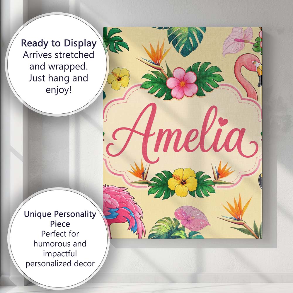Personalised Name Tropical Flamingo Bird Custom Unique Gift Idea Elegant Feature Canvas Wall Art Print Decor Picture Ready to Hang