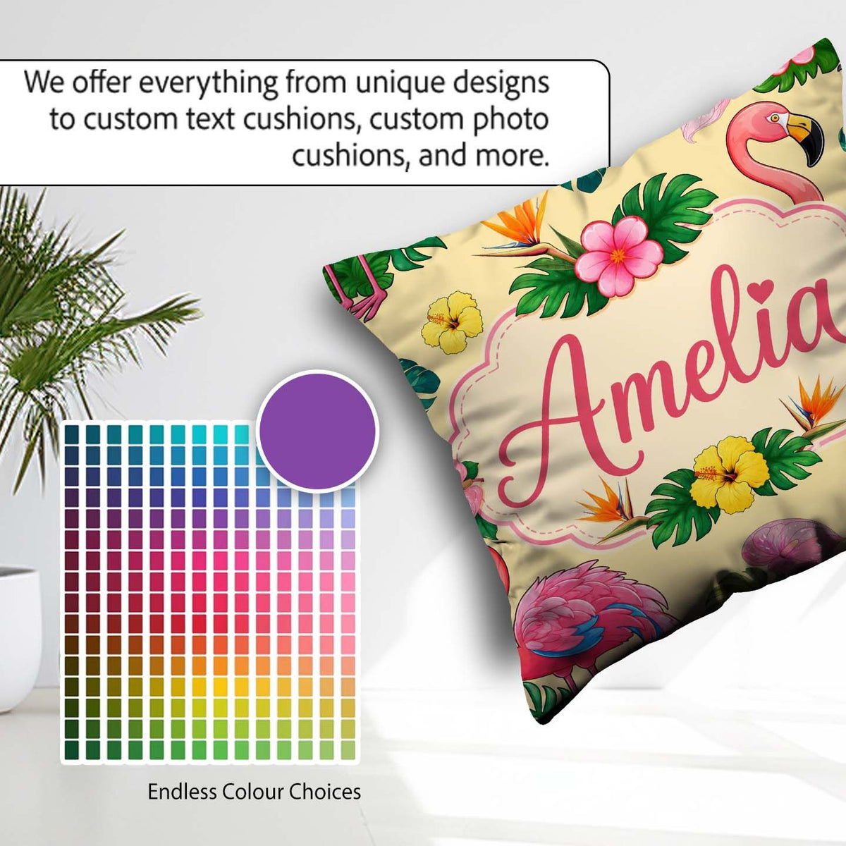 Custom Name Tropical Flamingo Bird Exotic Flowers Leaves Pattern Square Filled Cushion Throw Pillow Sofa Bed Home Decor Zip Washable UK Made