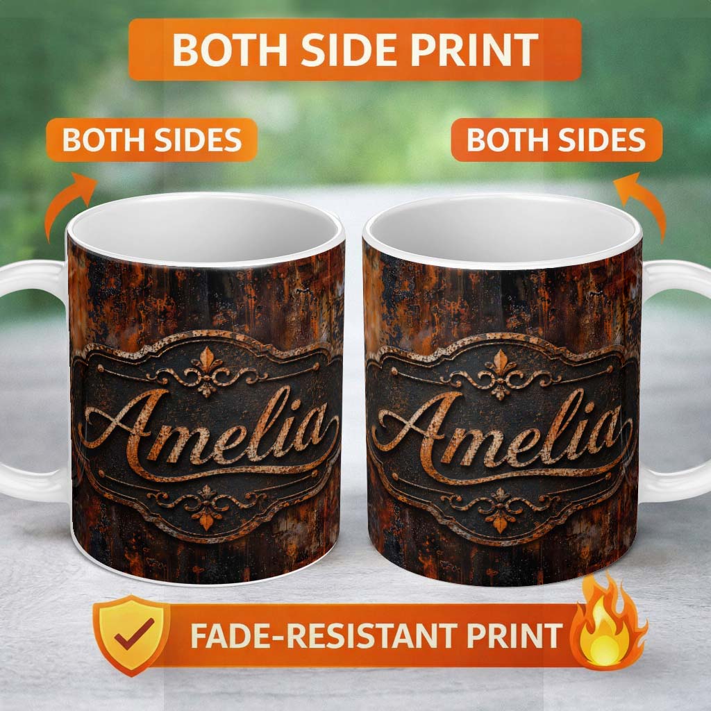 Personalized Custom Name Layered Rust Patina Texture Mixed Media Grunge Seamless Pattern 11oz Ceramic Coffee Tea Mug White Large Handle