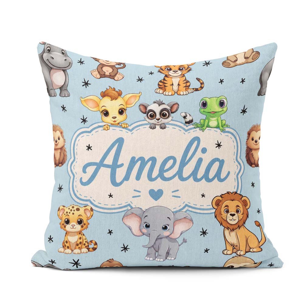 Custom Name Jungle Baby Animals Lion Tiger Elephant Giraffe Blue Square Filled Cushion Throw Pillow Sofa Bed Home Decor Zip Washable UK Made