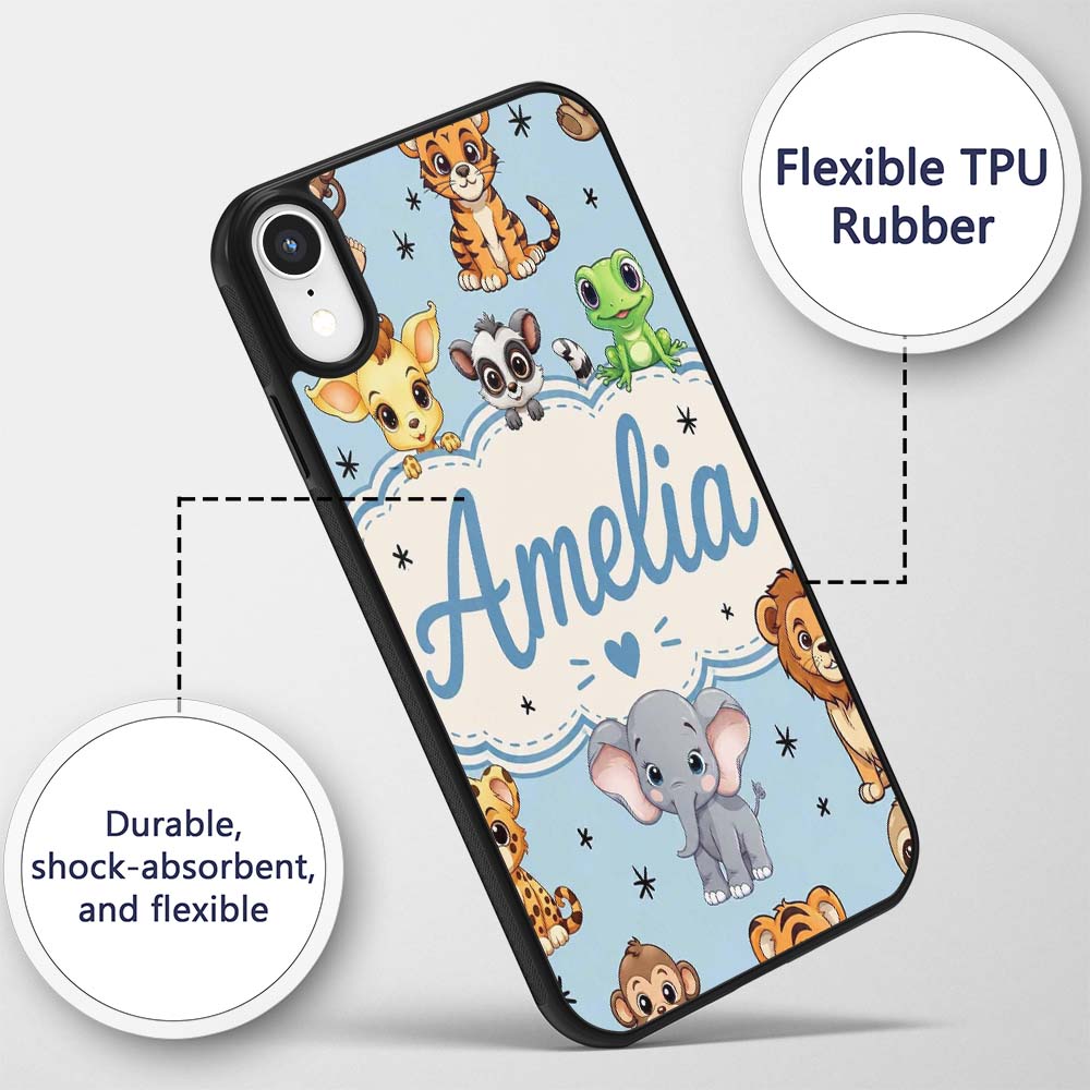 Cute Jungle Baby Animals Lion Tiger Elephant Custom Name Protective Phone Case Mobile Cover Durable Everyday Smartphone Shock Resistant