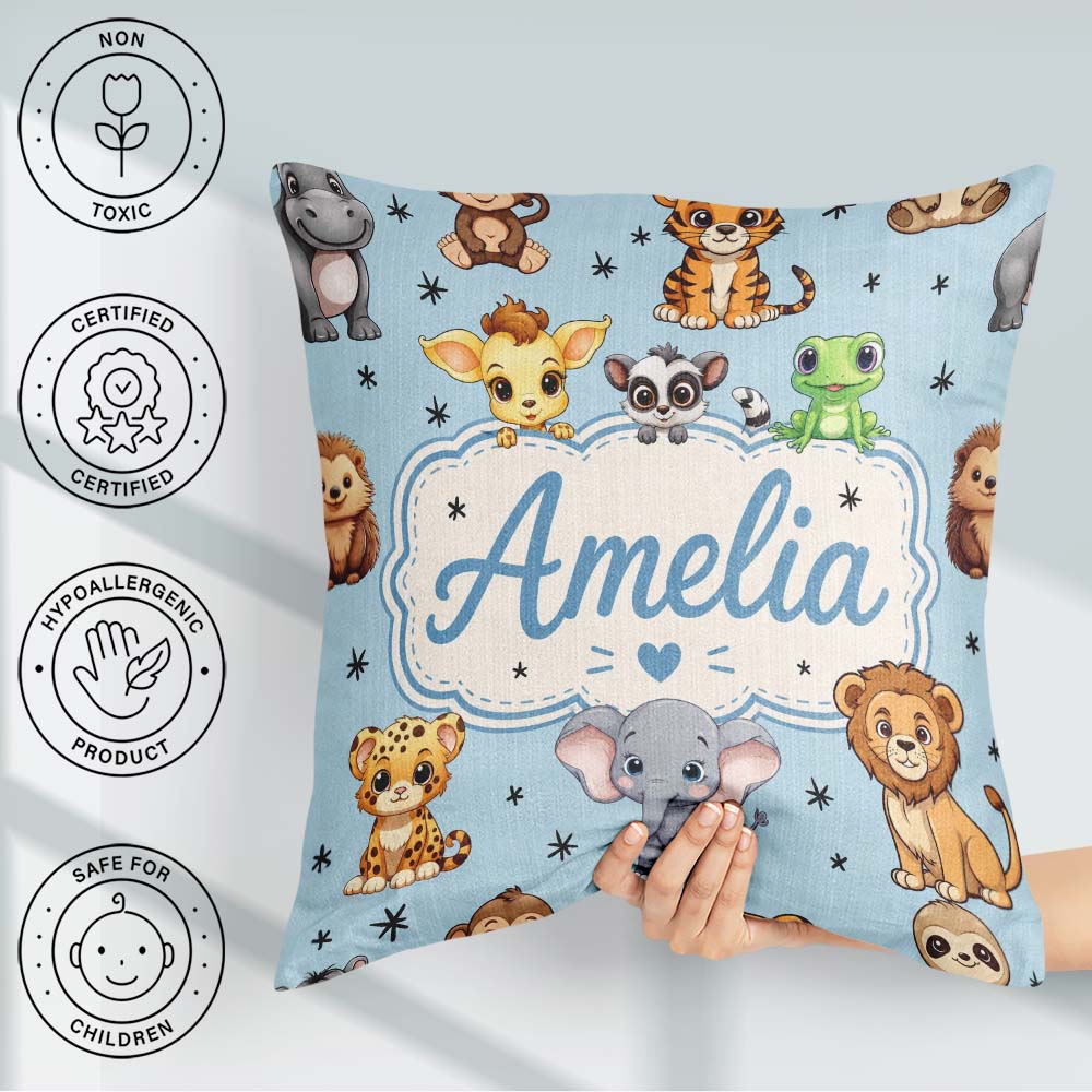 Custom Name Jungle Baby Animals Lion Tiger Elephant Giraffe Blue Square Filled Cushion Throw Pillow Sofa Bed Home Decor Zip Washable UK Made