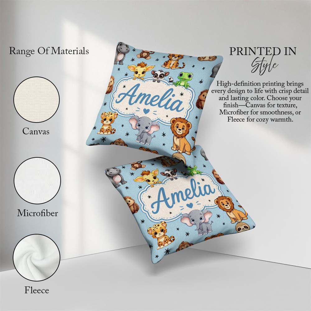 Custom Name Jungle Baby Animals Lion Tiger Elephant Giraffe Blue Square Filled Cushion Throw Pillow Sofa Bed Home Decor Zip Washable UK Made