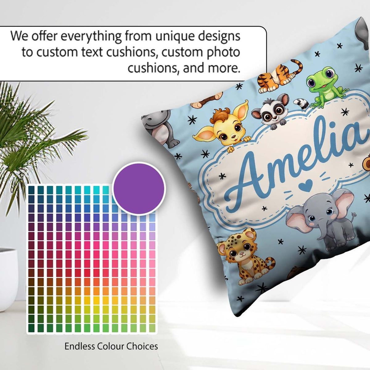 Custom Name Jungle Baby Animals Lion Tiger Elephant Giraffe Blue Square Filled Cushion Throw Pillow Sofa Bed Home Decor Zip Washable UK Made