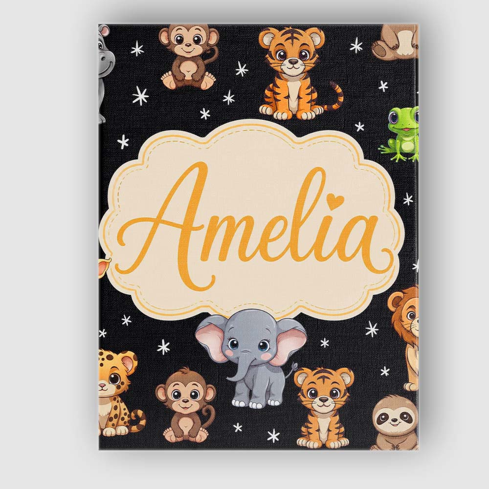 Personalised Name Cute Jungle Baby Animals Custom Unique Gift Idea Elegant Feature Canvas Wall Art Print Decor Picture Ready to Hang