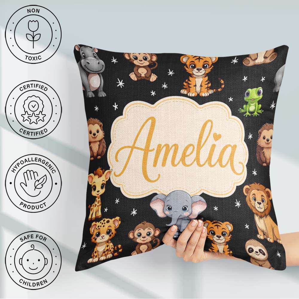 Custom Name Jungle Baby Animals Lion Tiger Giraffe Pattern Black Square Filled Cushion Throw Pillow Sofa Bed Home Decor Zip Washable UK Made