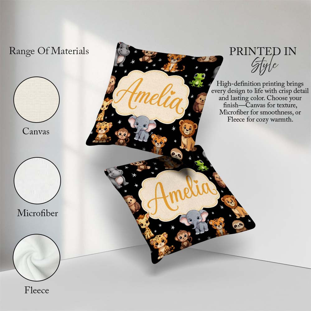 Custom Name Jungle Baby Animals Lion Tiger Giraffe Pattern Black Square Filled Cushion Throw Pillow Sofa Bed Home Decor Zip Washable UK Made