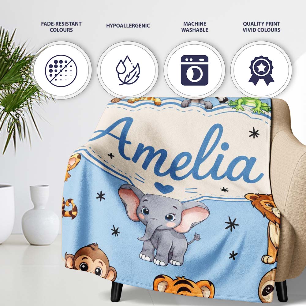 Cute Jungle Baby Animals Lion Tiger Elephant Giraffe Sky Blue Lovely Personalised Custom Name Super Soft Fleece Blanket Bed Sofa Throw
