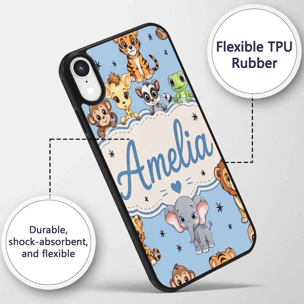 Cute Jungle Baby Animals Lion Tiger Elephant Custom Name Protective Phone Case Mobile Cover Durable Everyday Smartphone Shock Resistant