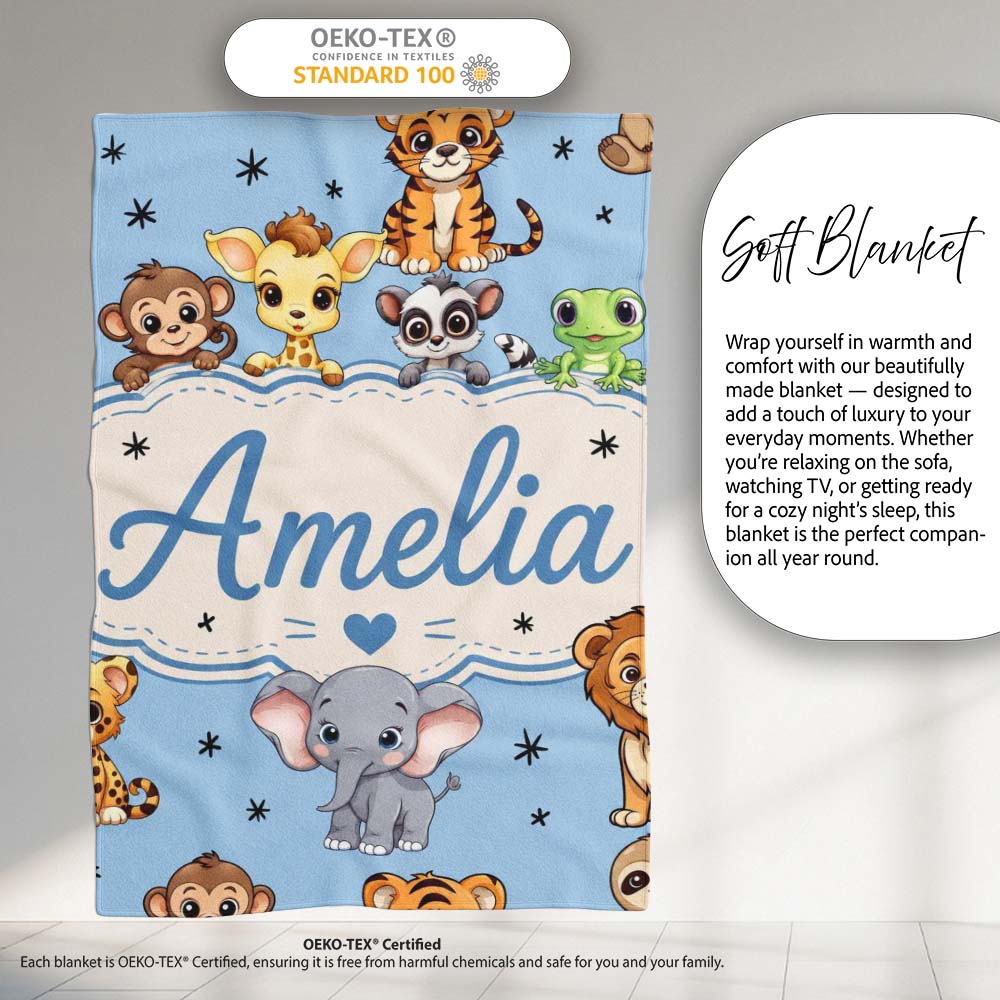Cute Jungle Baby Animals Lion Tiger Elephant Giraffe Sky Blue Lovely Personalised Custom Name Super Soft Fleece Blanket Bed Sofa Throw