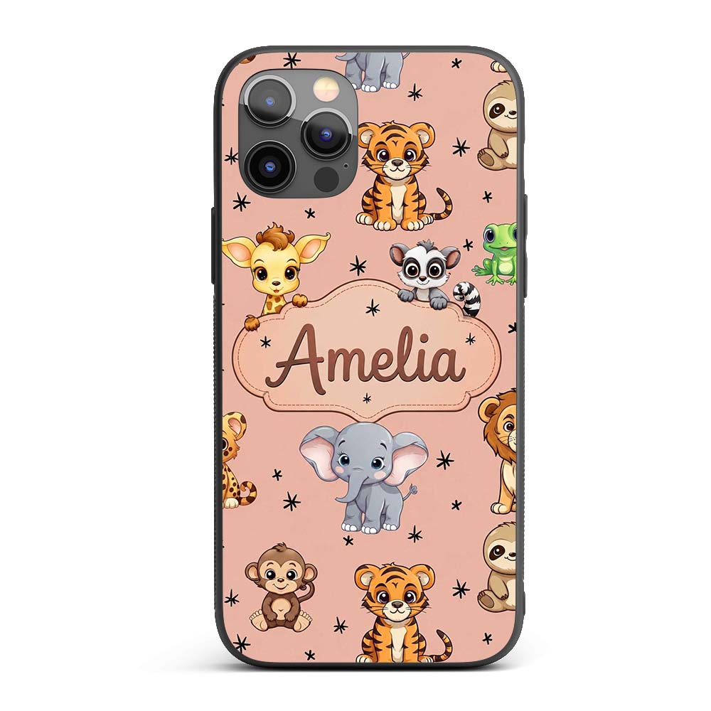 Cute Jungle Baby Animals Lion Tiger Elephant Custom Name Protective Phone Case Mobile Cover Durable Everyday Smartphone Shock Resistant