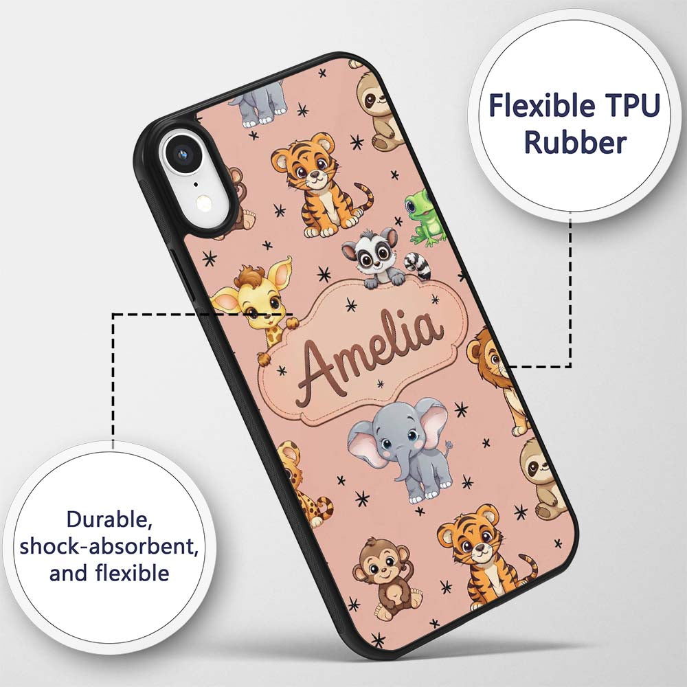 Cute Jungle Baby Animals Lion Tiger Elephant Custom Name Protective Phone Case Mobile Cover Durable Everyday Smartphone Shock Resistant