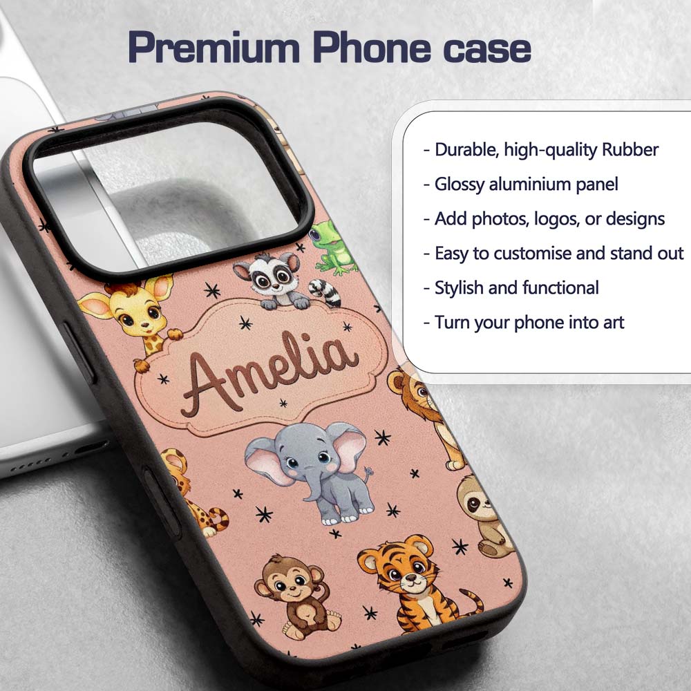 Cute Jungle Baby Animals Lion Tiger Elephant Custom Name Protective Phone Case Mobile Cover Durable Everyday Smartphone Shock Resistant