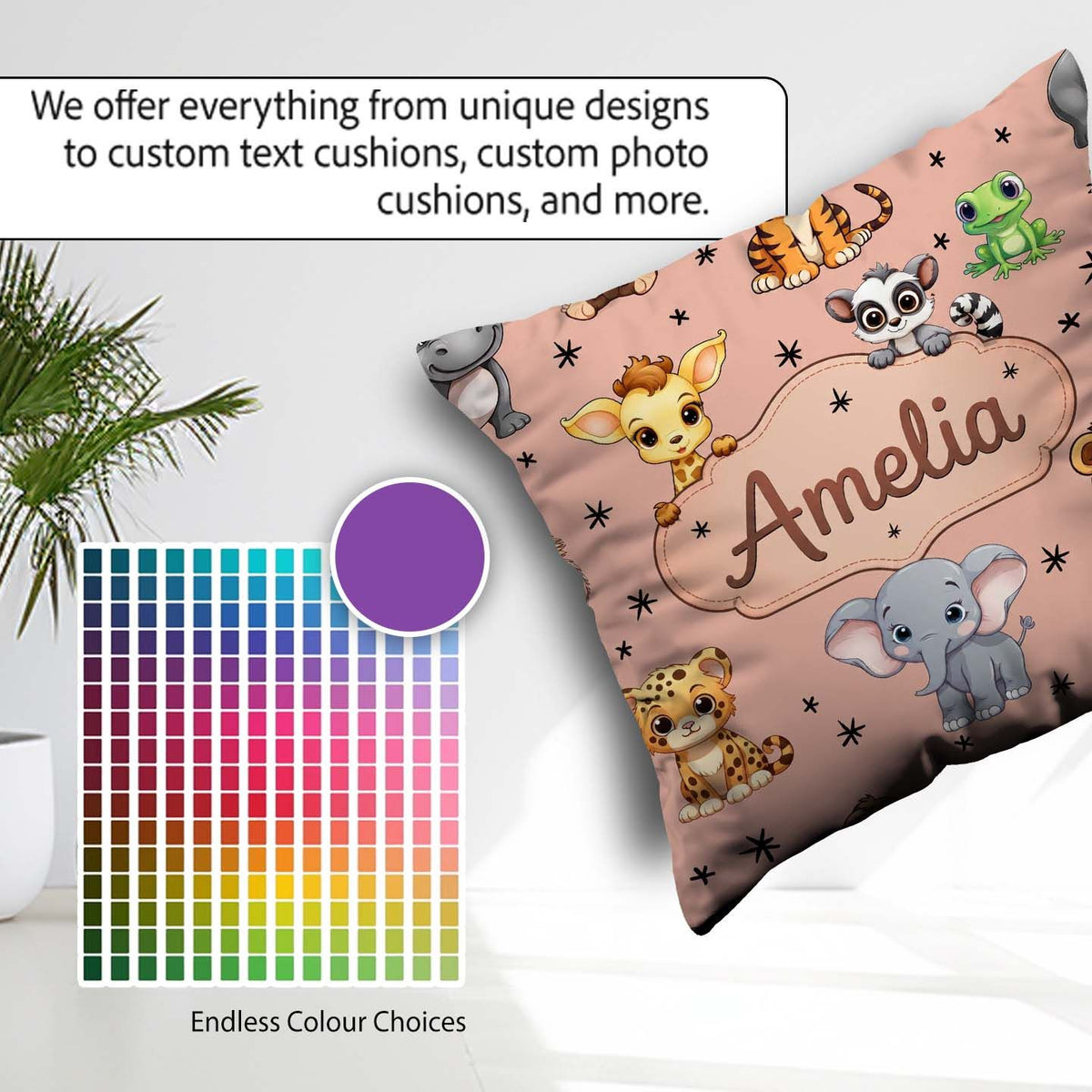 Custom Name Jungle Baby Animals Lion Tiger Giraffe Pattern Peach Square Filled Cushion Throw Pillow Sofa Bed Home Decor Zip Washable UK Made