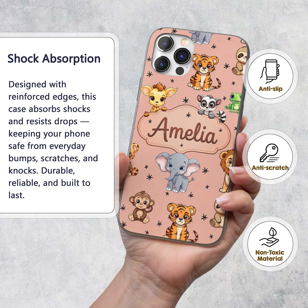 Cute Jungle Baby Animals Lion Tiger Elephant Custom Name Protective Phone Case Mobile Cover Durable Everyday Smartphone Shock Resistant
